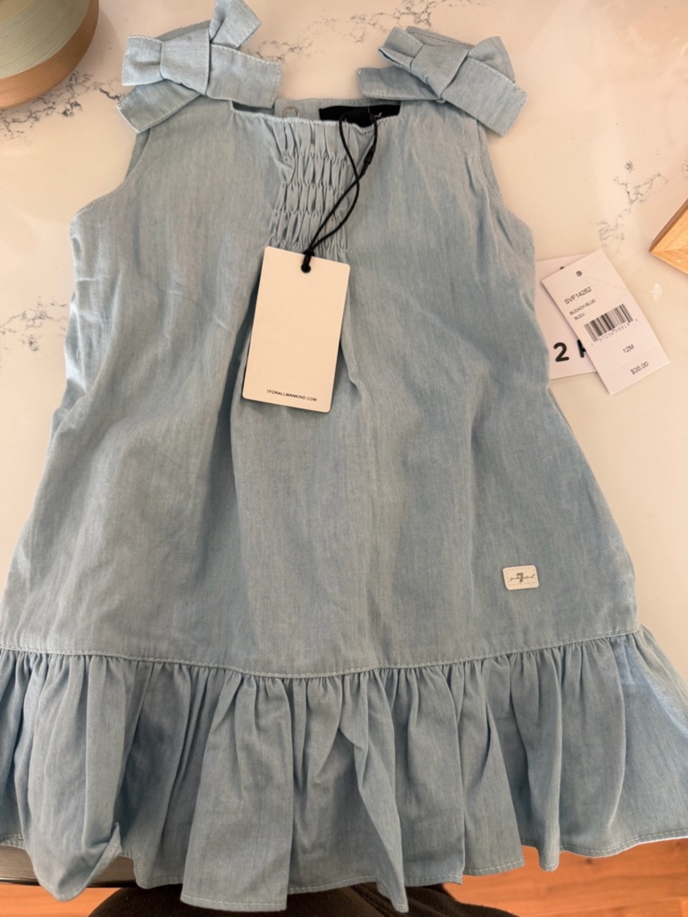 7 For All Mankind Light Blue Ruffle-Hem Girls Dress with Bow Straps